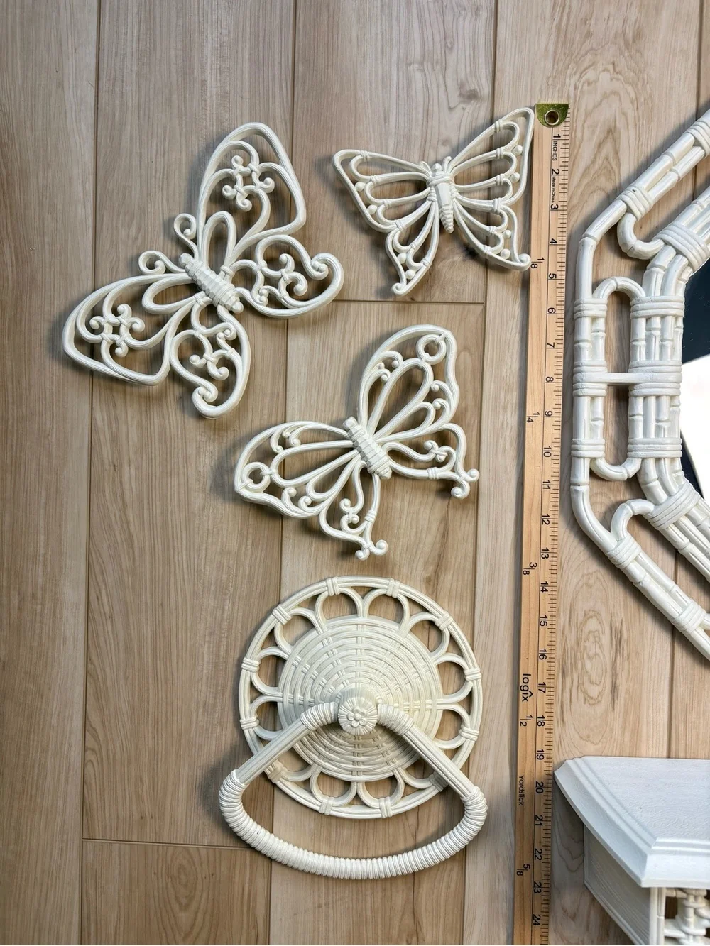 Vintage decor boho bamboo wicker mirror butterflies shelf towel & candle holder